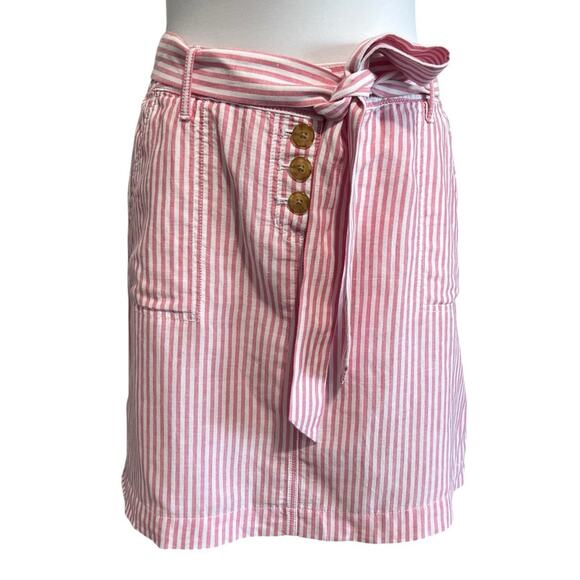 Talbots Linen Striped Short Skirt Sz 10P Pink Tie Waist w Pockets Cute & Soft - Picture 1 of 6